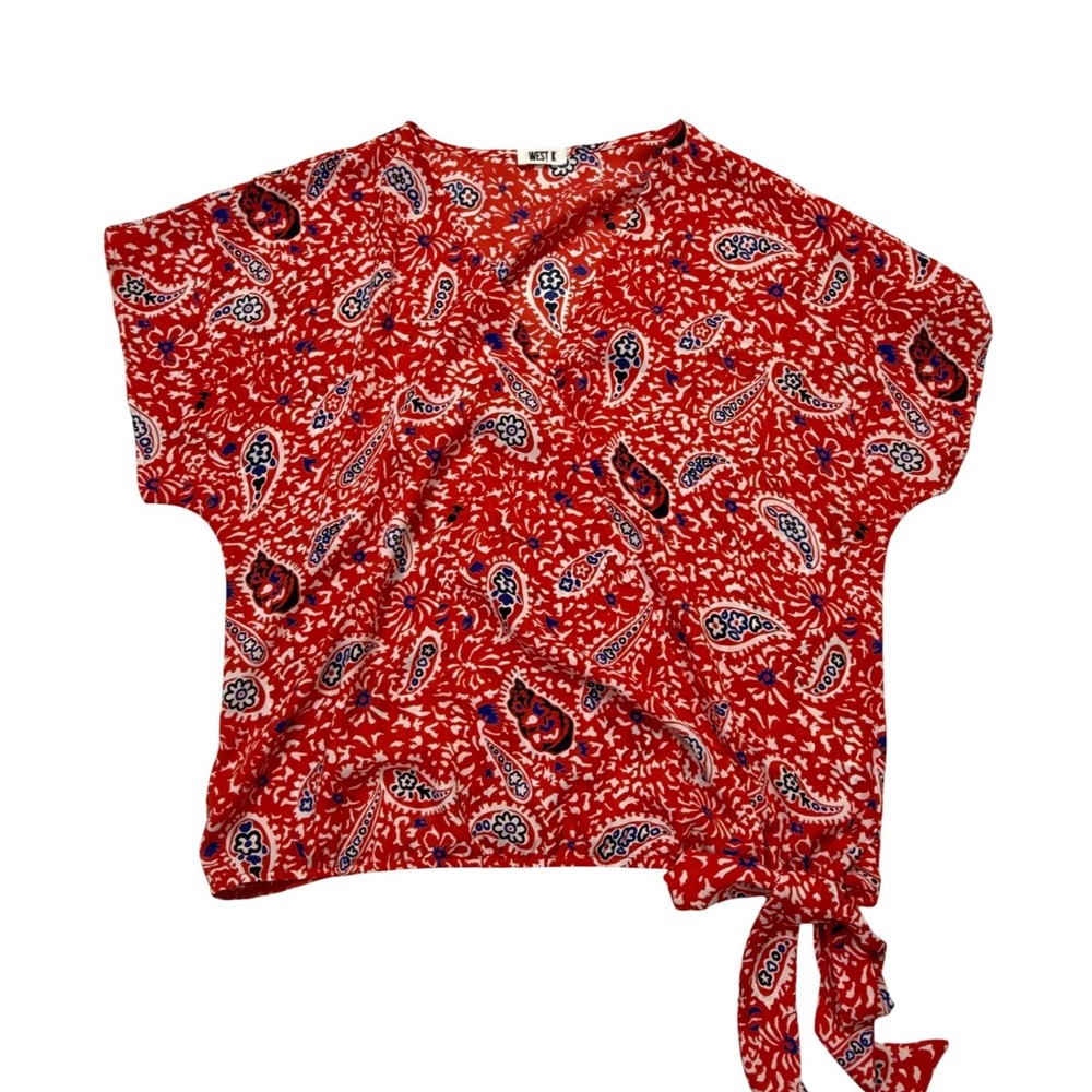 West K Red Paisley Side Tie Wrap V-Neck Top Large TU40120-Z